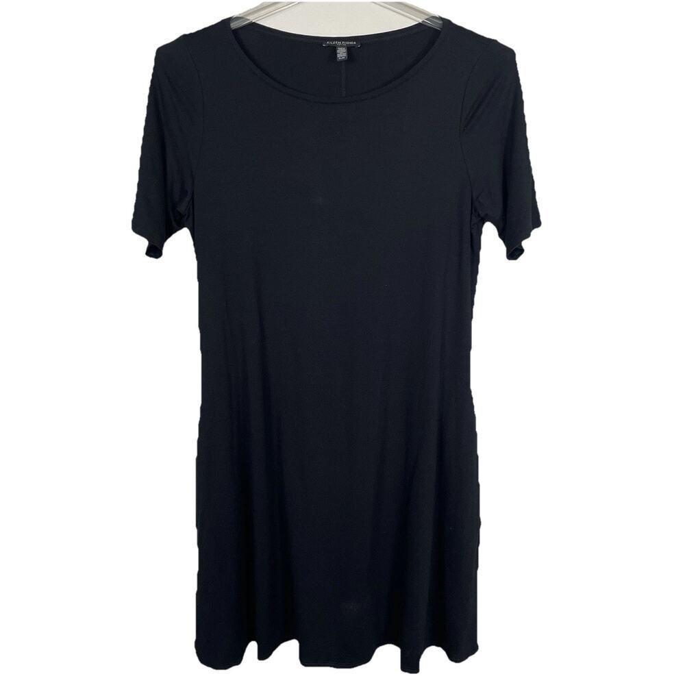 Eileen Fisher Swing Dress Size Large Petite Black Minimalist Capsule Pockets USA
